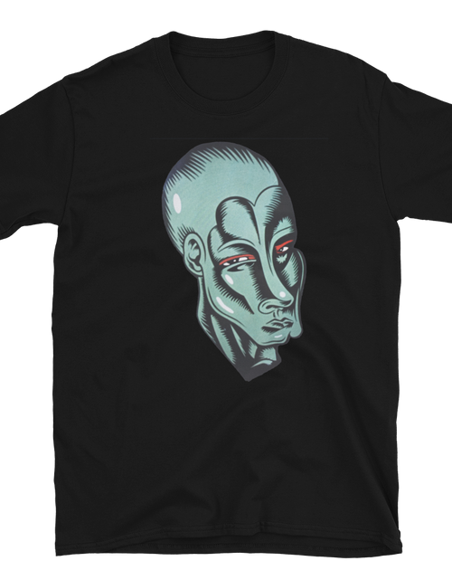 Load image into Gallery viewer, Black t-shirt, front view, that as a picture of the alien head from the movie Empire Records.
