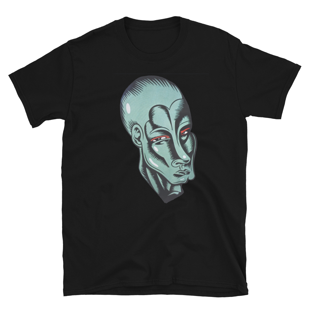 Black t-shirt, front view, that as a picture of the alien head from the movie Empire Records.