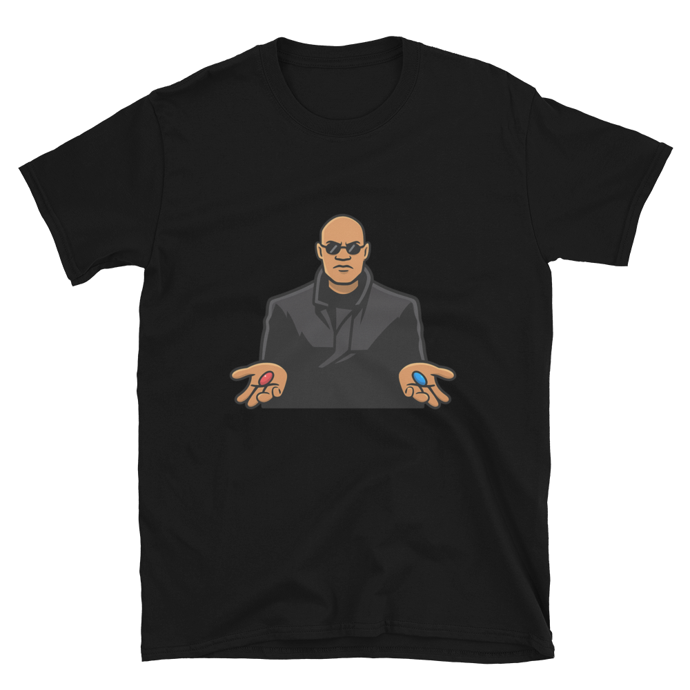 Black t-shirt, front view, that has a picture of Morpheus from the movie "The Matrix" where he is presenting in one hand a red pill and the other hand a blue pill. 
