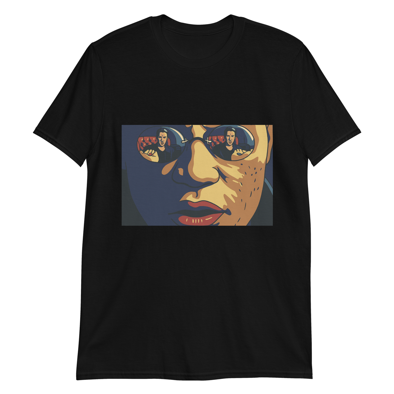 Black t-shirt, front view, that has a picture of Morpheus from the movie "The Matrix" where the reflection in his sunglasses show one hand with a red pill and the other hand with a blue pill. Neo is looking at the pills before he makes his choice.