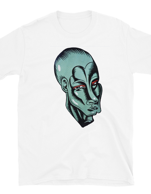 Load image into Gallery viewer, White t-shirt, front view, that as a picture of the alien head from the movie Empire Records.

