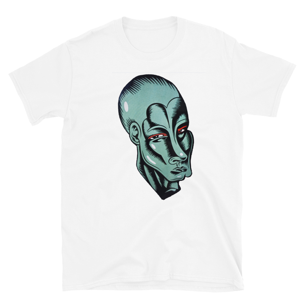 White t-shirt, front view, that as a picture of the alien head from the movie Empire Records.
