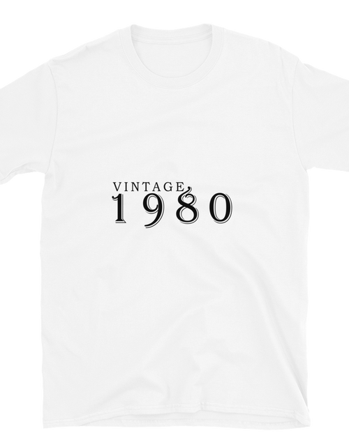 Load image into Gallery viewer, White Tshirt, front view, with the text of &quot;Vintage 1980&quot; typed on it.
