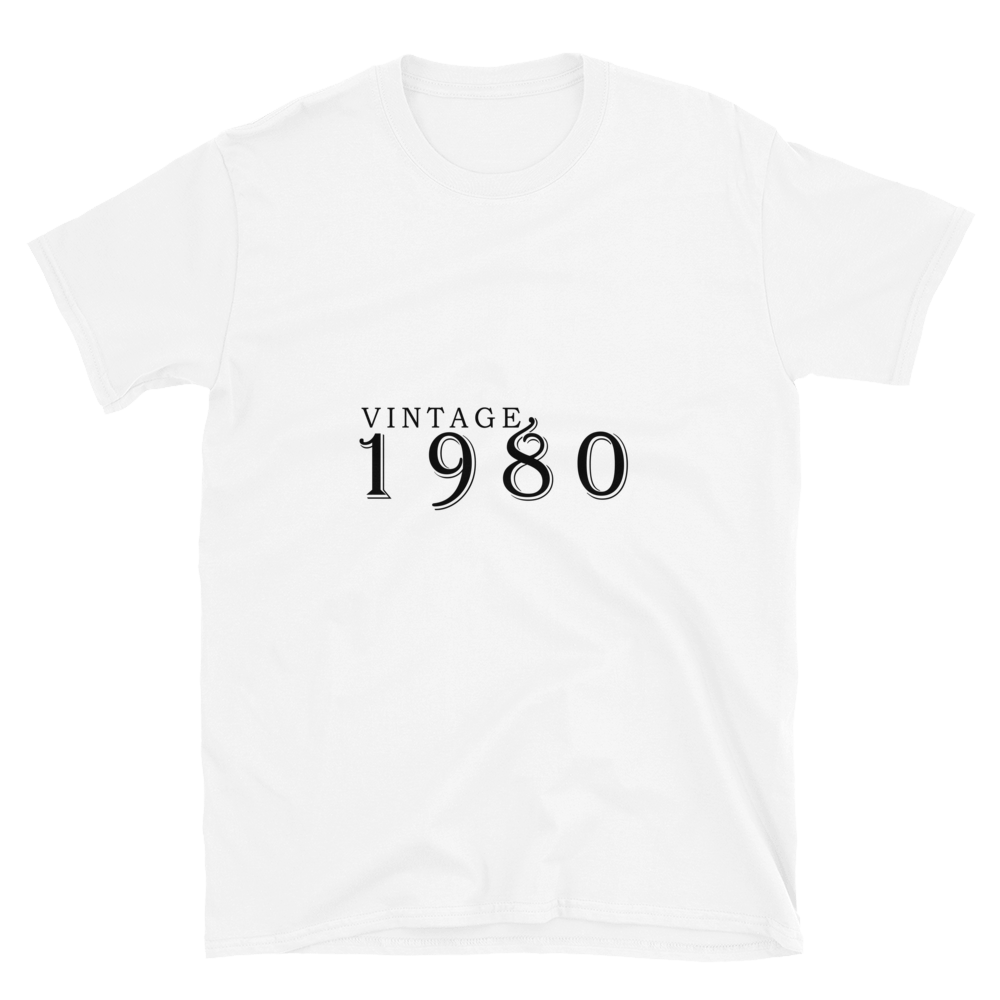 White Tshirt, front view, with the text of "Vintage 1980" typed on it.