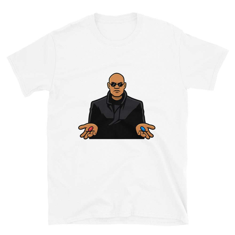 White t-shirt, front view, that has a picture of Morpheus from the movie "The Matrix" where he is presenting in one hand a red pill and the other hand a blue pill. 