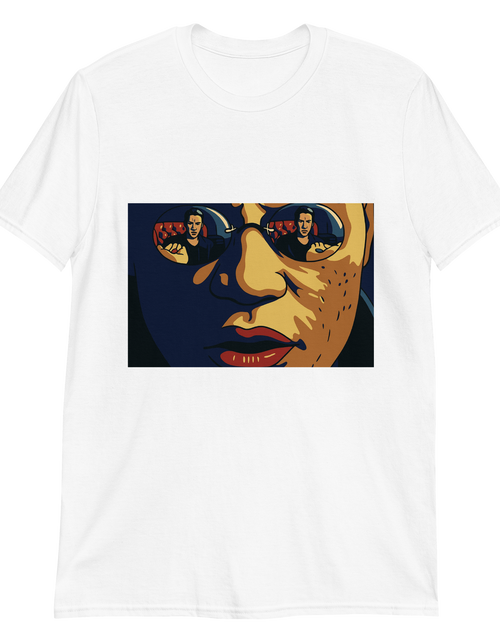 Load image into Gallery viewer, White t-shirt, front view, that has a picture of Morpheus from the movie &quot;The Matrix&quot; where the reflection in his sunglasses show one hand with a red pill and the other hand with a blue pill. Neo is looking at the pills before he makes his choice.

