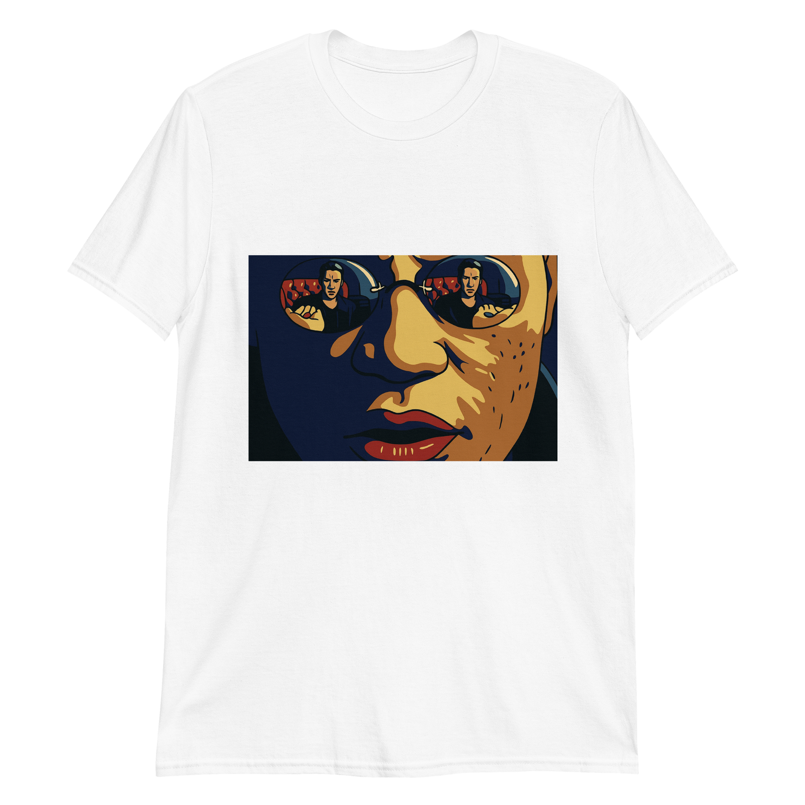 White t-shirt, front view, that has a picture of Morpheus from the movie "The Matrix" where the reflection in his sunglasses show one hand with a red pill and the other hand with a blue pill. Neo is looking at the pills before he makes his choice.